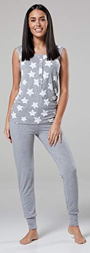 HAPPY MAMA Para Mujer Pijama Premamá Embarazo Lactancia Frente Abotonado. 203p (Gris con Estrellas, EU 38, M)