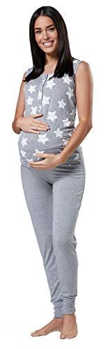 HAPPY MAMA Para Mujer Pijama Premamá Embarazo Lactancia Frente Abotonado. 203p (Gris con Estrellas, EU 38, M)