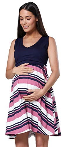 HAPPY MAMA. Para Mujer Vestido en Capas Premamá de Lactancia Sin Mangas. 685p (Armada & Oscuro Rosado Rayas, 38-40, M)