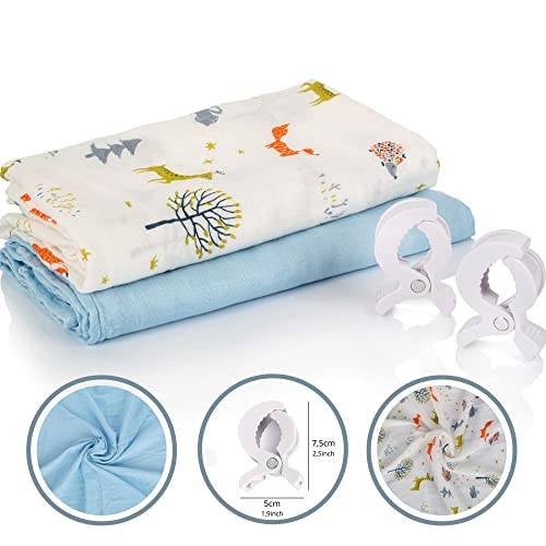 HappyDoo - Pack Incluye 2 Muselinas Grandes Bebé Algodón 120 x 120 y Bambú + 2 Ganchos Carrito Bebé - Muselinas Bebe Algodón - 70% Bambú 30% Algodón - Toquilla Bebé Verano - Swaddle