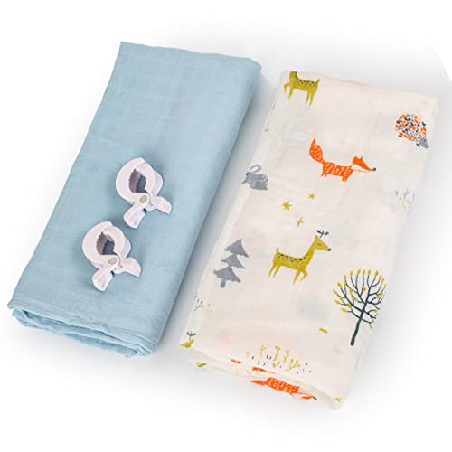 HappyDoo - Pack Incluye 2 Muselinas Grandes Bebé Algodón 120 x 120 y Bambú + 2 Ganchos Carrito Bebé - Muselinas Bebe Algodón - 70% Bambú 30% Algodón - Toquilla Bebé Verano - Swaddle