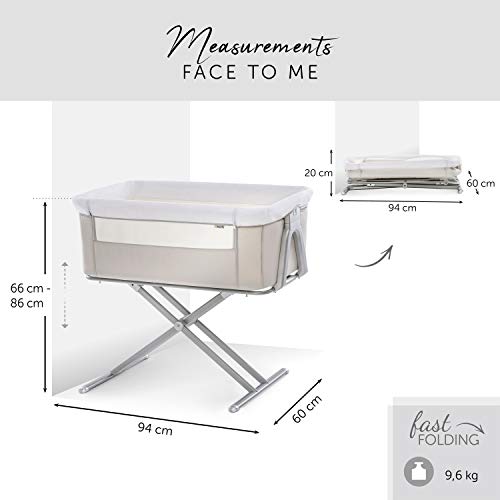 Hauck 608517 Minicuna de Colecho Face to Me, para Bebes desde el Nacimiento hasta 9 kg, con Colchón, Lateral Abatible, Regulable en Altura, Apta para Camas Altas y Bajas, Plegable, Beige