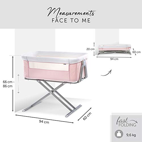 Hauck Minicuna de Colecho Face to Me, para Bebes desde el Nacimiento hasta 9 kg, con Colchón, Lateral Abatible, Regulable en Altura, Apta para Camas Altas y Bajas, Plegable, Rosa, 608524