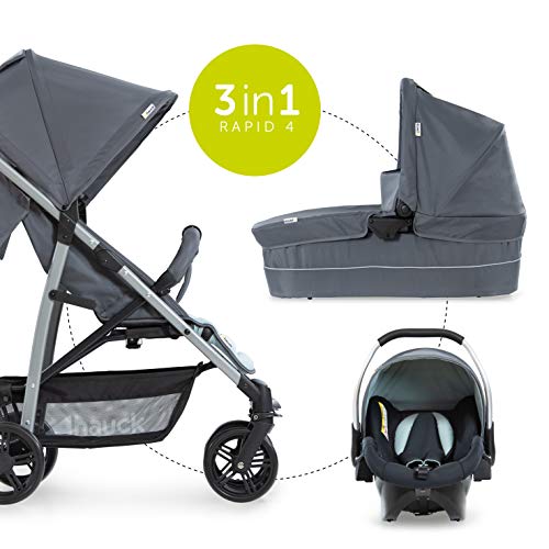 Hauck Rapid 4 Plus Trio Set - 3 en 1 carrito de bebe, Grupo 0+ adaptable a isofix, capazo, respaldo reclinable, de 0 meses a 25kg, manillar ajustable en altura, plegado fácil, menta (grey/mint)