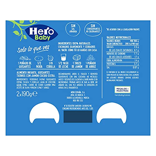 Hero Baby Buenas Noches Tarritos de Guisantes Tiernos con Jamón Cocido, Pack de 2 x 190g