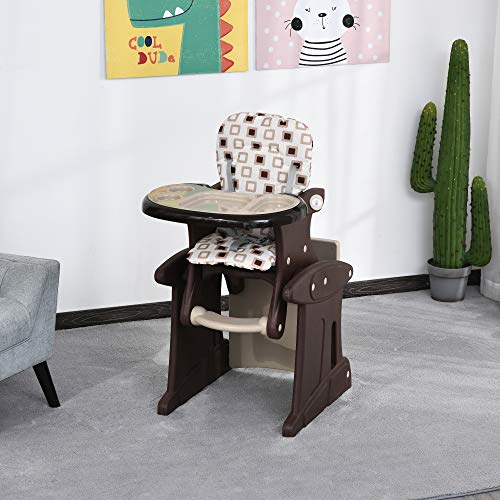 HOMCOM Trona para Bebés 2 en 1 para 6 Meses a 6 Años Transformable en Mesa y Silla Multifuncional Ajustable en 3 Posiciones Respaldo Alto Acolchado con 2 Bandejas Extraíbles 57x59x105 cm Café