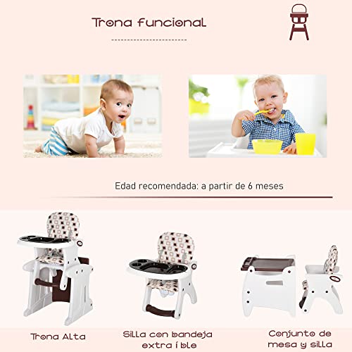 HOMCOM Trona para Bebés 2 en 1 para 6 Meses a 6 Años Transformable en Mesa y Silla Multifuncional Ajustable en 3 Posiciones Respaldo Alto Acolchado con 2 Bandejas Extraíbles 57x59x105 cm Café