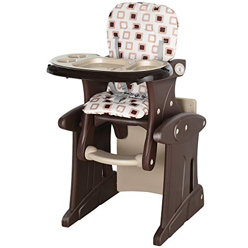 HOMCOM Trona para Bebés 2 en 1 para 6 Meses a 6 Años Transformable en Mesa y Silla Multifuncional Ajustable en 3 Posiciones Respaldo Alto Acolchado con 2 Bandejas Extraíbles 57x59x105 cm Café