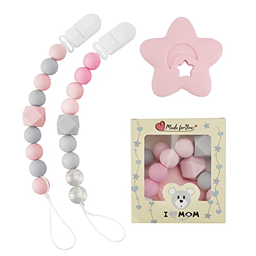 I LOVE MOM 2PCS Cadena Chupete Bebe Silicona Portachupete Bebe con Mordedor Silicona,Porta Chupetes para Chupetes Personalizados para Bebes,Chupetero Silicona Alimentaria (-11)