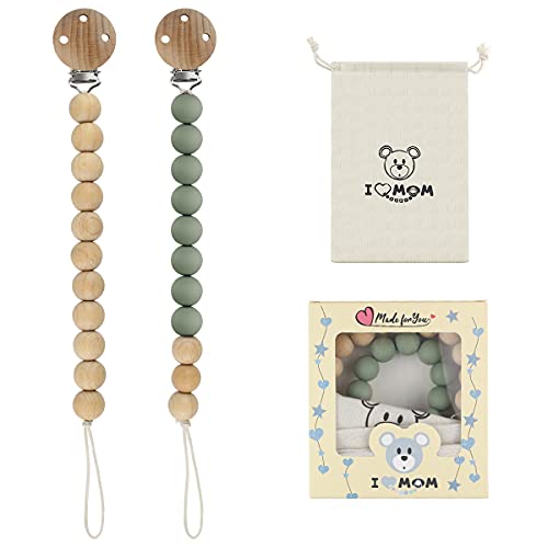 I LOVE MOM 2pcs Cadena Chupete Madera,Hecho de Cuentas de Madera y Cuentas de Silicona,Portachupete Bebe,Chupetero Madera,Cadenitas para Chupetes,Cadena para Chupetes con Clip de Madera(-12)