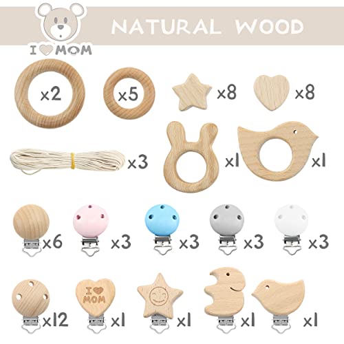 I LOVE MOM 427pcs Chupetero Personalizado Cadena Cochecito Pulsera Denticion Bebe,Con Pinza Chupetero Mordedor Madera Bebe Abalorios Madera Anilla De Madera,Cadena Chupete Diy Kit(-4)