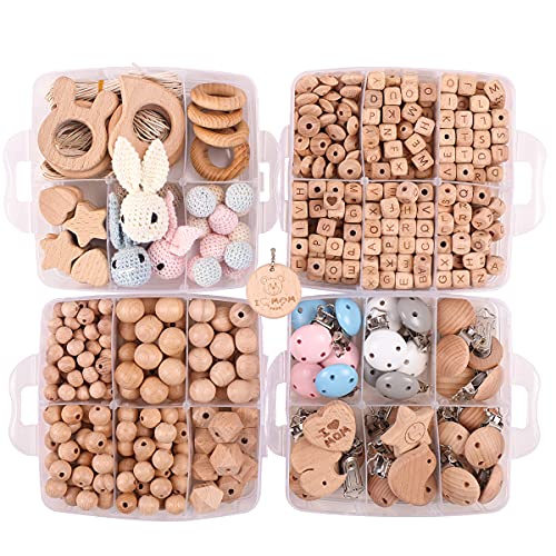 I LOVE MOM 427pcs Chupetero Personalizado Cadena Cochecito Pulsera Denticion Bebe,Con Pinza Chupetero Mordedor Madera Bebe Abalorios Madera Anilla De Madera,Cadena Chupete Diy Kit(-4)