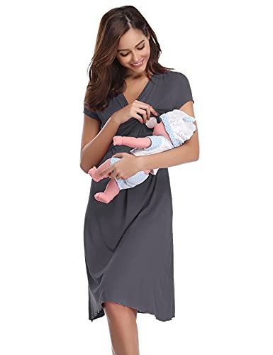 Irdcomps Camisón para Mujeres Verano Embarazadas Ropa de Maternidad Manga Corta algodón Pijamas Embarazo Lactancia Hospital(Gris Oscuro,M)