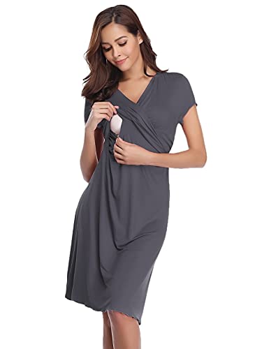 Irdcomps Camisón para Mujeres Verano Embarazadas Ropa de Maternidad Manga Corta algodón Pijamas Embarazo Lactancia Hospital(Gris Oscuro,M)