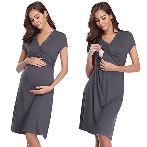 Irdcomps Camisón para Mujeres Verano Embarazadas Ropa de Maternidad Manga Corta algodón Pijamas Embarazo Lactancia Hospital(Gris Oscuro,M)