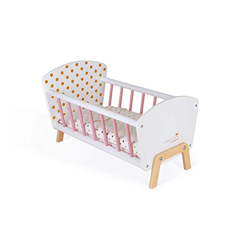 Janod - Cama Candy Chic - Cama de madera para bebés con colchón + manta + almohada - Colores suaves y brillantes - Accesorios para bebés - A partir de 3 años, J05889