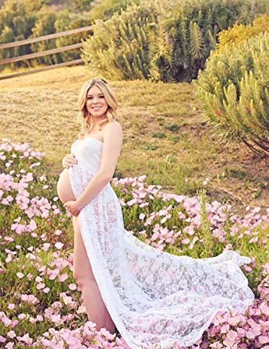 JENJON Mujer Embarazada Encaje Vestido de Fiesta Largos con Aberturas,Premamá Faldas Fotografía,Foto Shoot Dress de Maternidad Blanco M