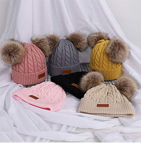 JFAN Sombrero de Invierno Bufanda para Niños Gorro de Punto para Bebés y Niños Pequeños Gorro de Invierno con Color Puro Sombrero de Doble Pompón para Niñas y Niños(A-Blanco,Talla única)