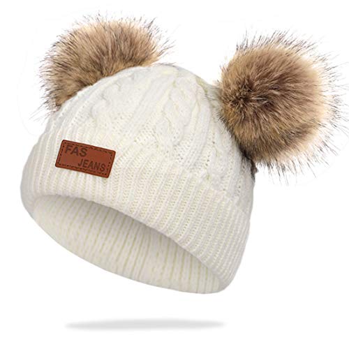 JFAN Sombrero de Invierno Bufanda para Niños Gorro de Punto para Bebés y Niños Pequeños Gorro de Invierno con Color Puro Sombrero de Doble Pompón para Niñas y Niños(A-Blanco,Talla única)