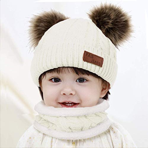 JFAN Sombrero de Invierno Bufanda para Niños Gorro de Punto para Bebés y Niños Pequeños Gorro de Invierno con Color Puro Sombrero de Doble Pompón para Niñas y Niños(A-Blanco,Talla única)