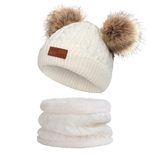 JFAN Sombrero de Invierno Bufanda para Niños Gorro de Punto para Bebés y Niños Pequeños Gorro de Invierno con Color Puro Sombrero de Doble Pompón para Niñas y Niños(A-Blanco,Talla única)