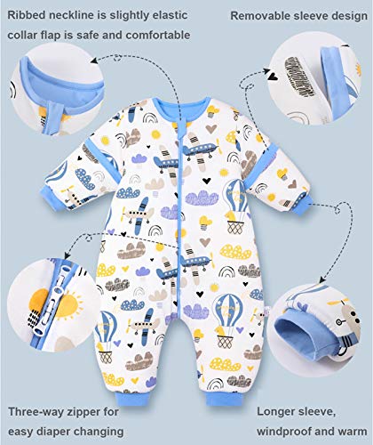 JinBei Saco de Dormir Invierno Mono Para Bebé Niños con Piernas Peleles, Infantil Mangas Largas Desmontables, Con Pies, Cálido Forro, Impresión de Aviones Globo Aerostático Nube Pijama 6-15 Meses