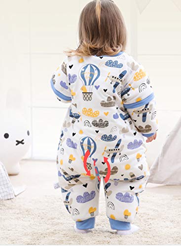 JinBei Saco de Dormir Invierno Mono Para Bebé Niños con Piernas Peleles, Infantil Mangas Largas Desmontables, Con Pies, Cálido Forro, Impresión de Aviones Globo Aerostático Nube Pijama 6-15 Meses