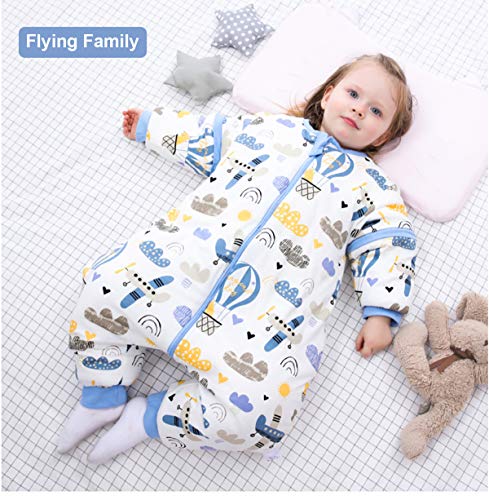 JinBei Saco de Dormir Invierno Mono Para Bebé Niños con Piernas Peleles, Infantil Mangas Largas Desmontables, Con Pies, Cálido Forro, Impresión de Aviones Globo Aerostático Nube Pijama 6-15 Meses