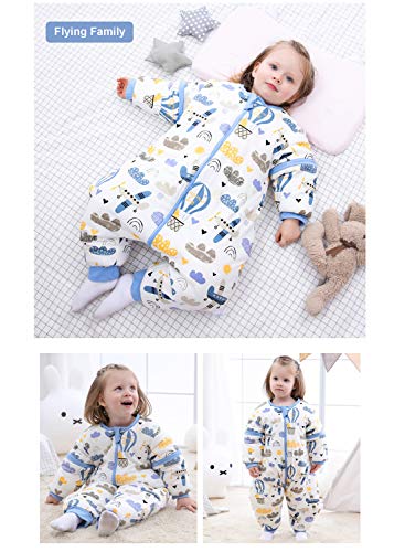 JinBei Saco de Dormir Invierno Mono Para Bebé Niños con Piernas Peleles, Infantil Mangas Largas Desmontables, Con Pies, Cálido Forro, Impresión de Aviones Globo Aerostático Nube Pijama 6-15 Meses