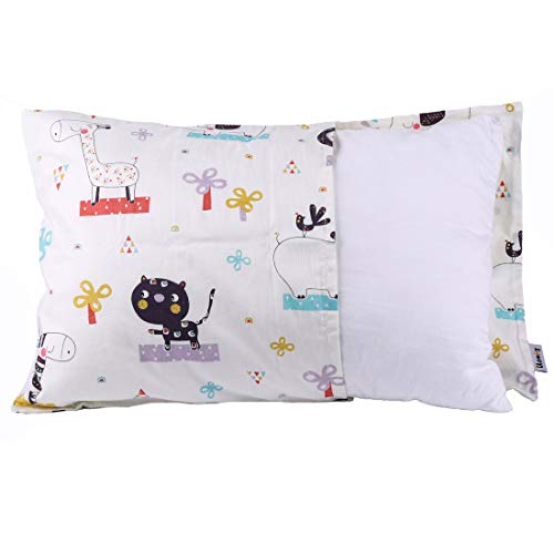 JISEN Fundas de almohada para niños pequeños, paquete de 2 fundas de almohada 100% algodón natural, para dormir con cierre de sobre, 33 x 46 cm, elefante/gato