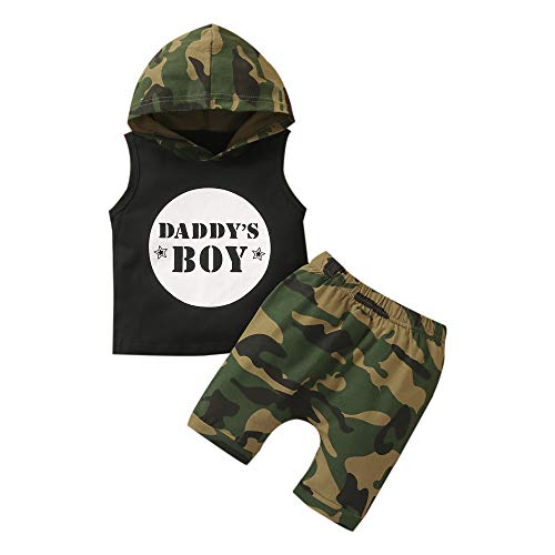 Juego 2 piezas completo para niño camiseta verano con impresión 'Daddy 's Drinking Budd' sin mangas con capucha+pantalones cortos con diseño de camuflaje para niños 1-4 años (Verde 18- 24 meses)