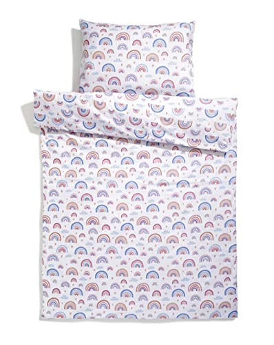 Juego de ropa de cama infantil con diseño de arcoíris para niñas, 100 x 135 cm, funda nórdica de 40 x 60 cm y funda de almohada, 2 piezas, 100% algodón, color rosa