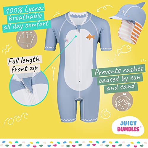 Juicy Bumbles Bañador Bebe Niño - Traje de Baño con Protección Solar Anti UV de Una Pieza para Bebés y Niños Pequeños - Traje de Mangas Cortas UPF50 + Tiburón 2-3 Años