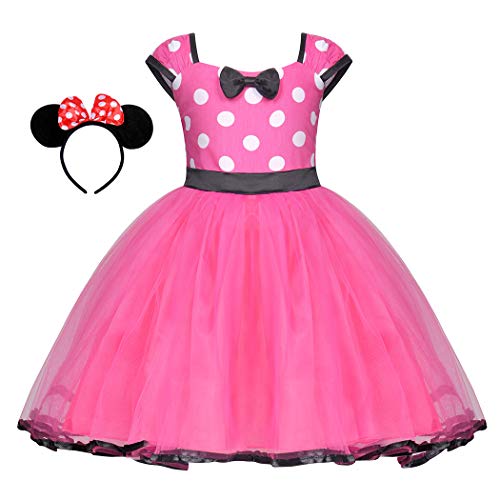 Jurebecia Disfraz de Niñas Recién Nacida Tutú Vestido Cumpleaños Trajes Mameluco + Falda y Mini Mouse Ears Diadema Vestido de la Boda de Tul Regalo Rosa Rojo