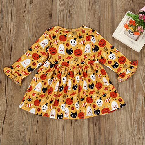 K-Youth Vestidos Niña Halloween Disfraz Calabaza Ropa para Niñas Bautizo Tutú Vestidos Princesa Chicas Infantil Ropa Bebe Niña Recién Nacida Vestido Bebé Niña Fiesta Invierno (Amarillo, 12-18 Meses)