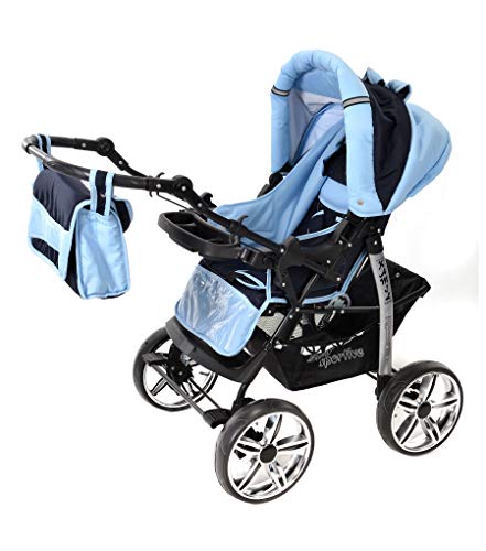 Kamil, Classic 3-in-1 Travel System with 4 STATIC (FIXED) WHEELS incl. Baby Pram, Car Seat, Pushchair & Accessories (3-in-1 Travel System, Navy-Blue & Blue)