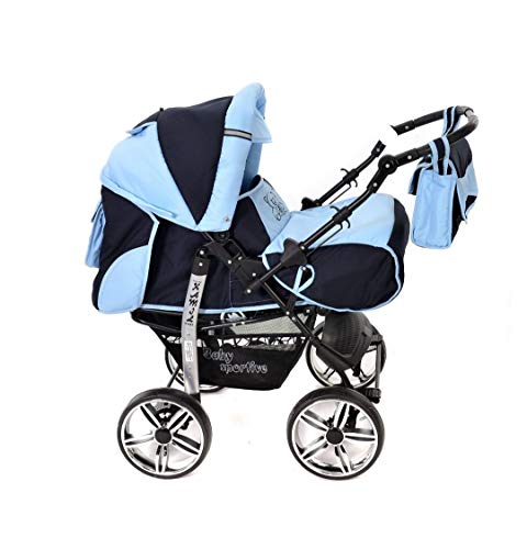 Kamil, Classic 3-in-1 Travel System with 4 STATIC (FIXED) WHEELS incl. Baby Pram, Car Seat, Pushchair & Accessories (3-in-1 Travel System, Navy-Blue & Blue)