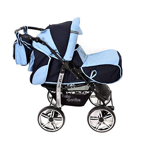 Kamil, Classic 3-in-1 Travel System with 4 STATIC (FIXED) WHEELS incl. Baby Pram, Car Seat, Pushchair & Accessories (3-in-1 Travel System, Navy-Blue & Blue)