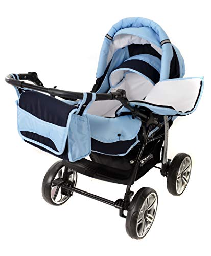 Kamil, Classic 3-in-1 Travel System with 4 STATIC (FIXED) WHEELS incl. Baby Pram, Car Seat, Pushchair & Accessories (3-in-1 Travel System, Navy-Blue & Blue)