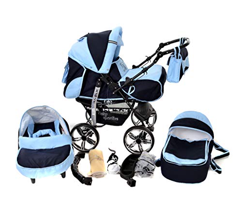 Kamil, Classic 3-in-1 Travel System with 4 STATIC (FIXED) WHEELS incl. Baby Pram, Car Seat, Pushchair & Accessories (3-in-1 Travel System, Navy-Blue & Blue)