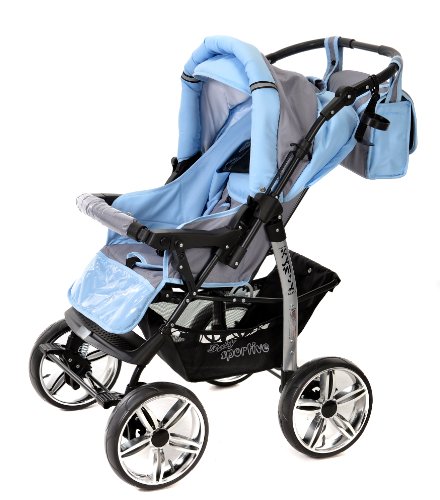 Kamil, Classic 3-in-1 Travel System with 4 STATIC (FIXED) WHEELS incl. Baby Pram, Car Seat, Pushchair & Accessories (3-in-1 Travel System, Pale Grey & Blue)