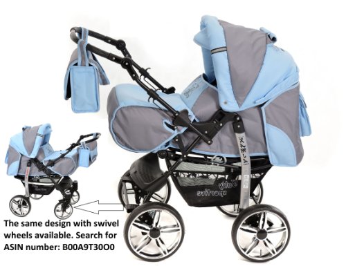 Kamil, Classic 3-in-1 Travel System with 4 STATIC (FIXED) WHEELS incl. Baby Pram, Car Seat, Pushchair & Accessories (3-in-1 Travel System, Pale Grey & Blue)