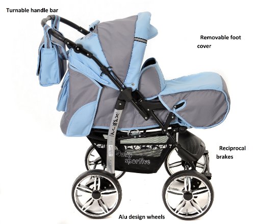 Kamil, Classic 3-in-1 Travel System with 4 STATIC (FIXED) WHEELS incl. Baby Pram, Car Seat, Pushchair & Accessories (3-in-1 Travel System, Pale Grey & Blue)