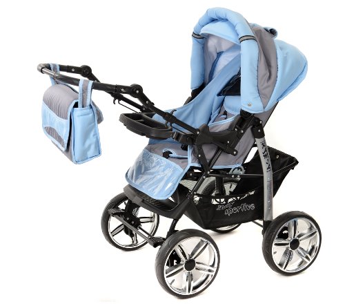 Kamil, Classic 3-in-1 Travel System with 4 STATIC (FIXED) WHEELS incl. Baby Pram, Car Seat, Pushchair & Accessories (3-in-1 Travel System, Pale Grey & Blue)