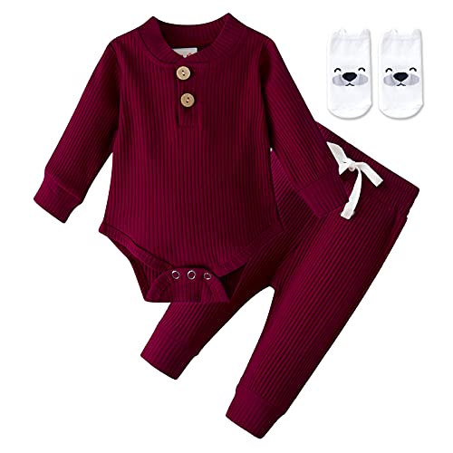 keaiyouhuo Ropa para bebé recién nacido, niño, niña, mono, mameluco, Tops + Pantalones, otoño, 2 piezas, traje sólido de manga larga, acanalado, vino tinto, 3-6 meses