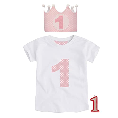 Kembilove Corona de Primer Cumpleaños con Camiseta – Adorable Conjunto de Cumpleaños de 1 Año para Niños y Niñas – Corona Ajustable Ideal para Fiestas de Cumpleaños Lunares Rosa