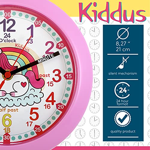 Kiddus Reloj Pedagógico para Niñas y Niños. De Pared, Analógico. Aprende la Hora con Nuestro Fácil Sistema Time Teacher. Ejercicios Incluídos. Mecanismo Silencioso. Pared Unicornio Fluorescente