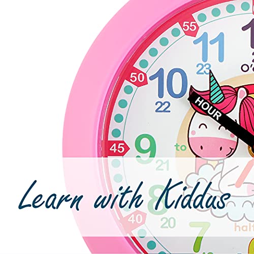 Kiddus Reloj Pedagógico para Niñas y Niños. De Pared, Analógico. Aprende la Hora con Nuestro Fácil Sistema Time Teacher. Ejercicios Incluídos. Mecanismo Silencioso. Pared Unicornio Fluorescente