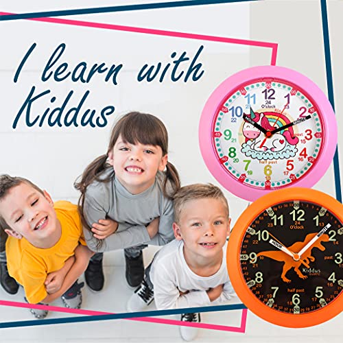 Kiddus Reloj Pedagógico para Niñas y Niños. De Pared, Analógico. Aprende la Hora con Nuestro Fácil Sistema Time Teacher. Ejercicios Incluídos. Mecanismo Silencioso. Pared Unicornio Fluorescente