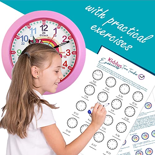 Kiddus Reloj Pedagógico para Niñas y Niños. De Pared, Analógico. Aprende la Hora con Nuestro Fácil Sistema Time Teacher. Ejercicios Incluídos. Mecanismo Silencioso. Pared Unicornio Fluorescente